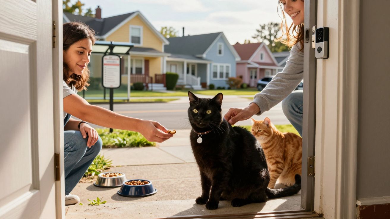 Duas mulheres a alimentar e acariciar um gato preto e um gato laranja na entrada de uma casa suburbana.
