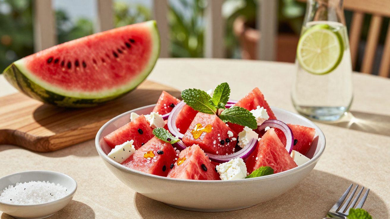 Salada fresca de melancia com queijo feta, cebola roxa e hortelã numa tigela branca sobre mesa.