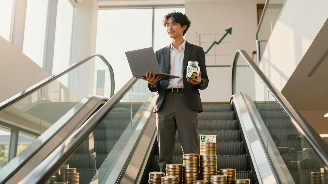 Homem de negócio numa escada rolante com mini pilhas de moedas, segurando jarro de moedas e portátil.