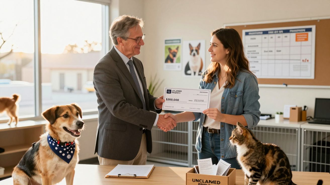 Homem e mulher apertam as mãos enquanto trocam um cheque, com cão e gato juntos numa sala de escritório.