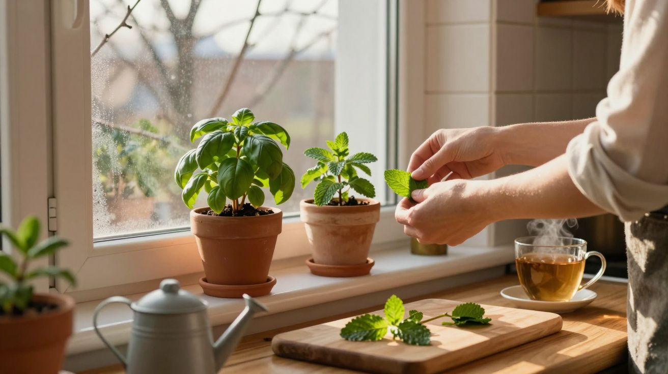 Pessoa a apanhar folhas de ervas aromáticas junto a uma janela com plantas em vasos e chá numa chávena.
