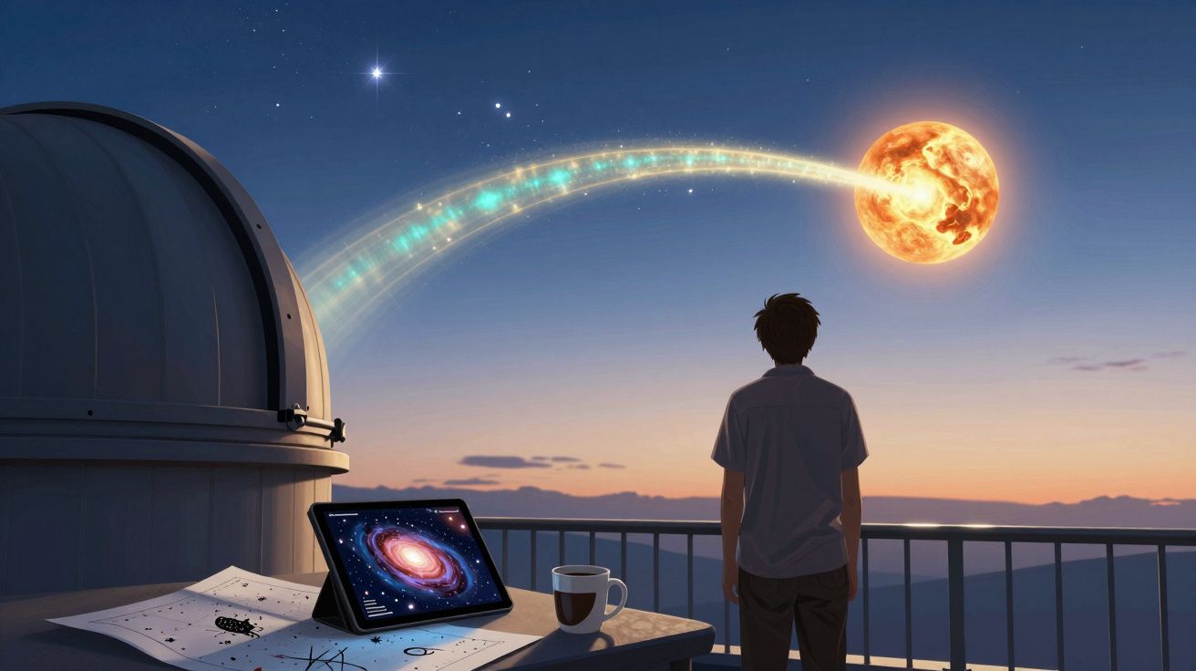 Jovem observa planeta brilhante com rastro luminoso do terraço de um observatório ao pôr do sol.