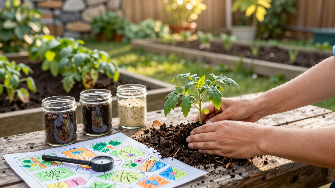 Mãos a plantar uma muda de tomate numa mesa com terra, frascos de sementes e desenho colorido.