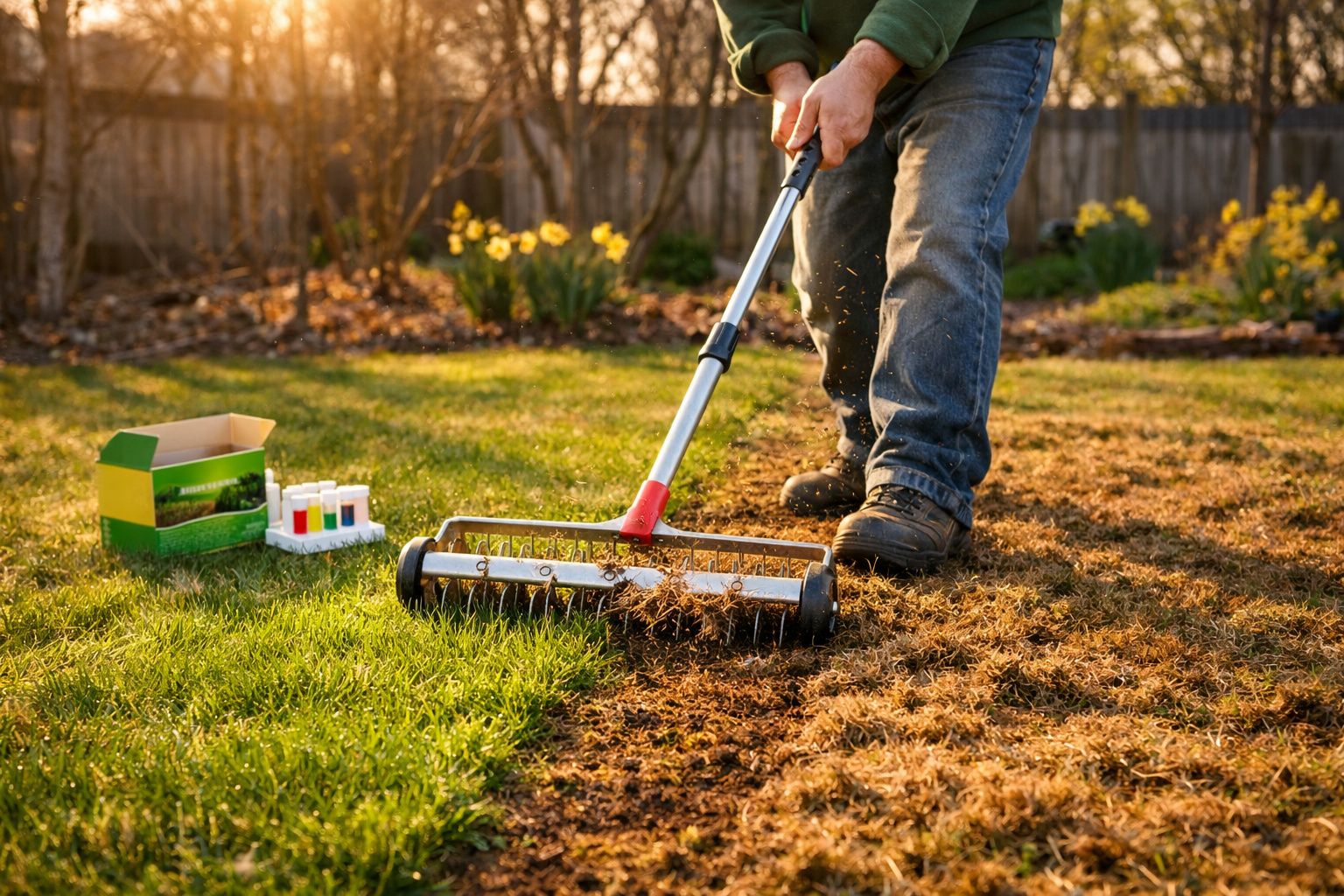 Pessoa a utilizar um aerador manual para cuidar do relvado no jardim durante o pôr do sol.