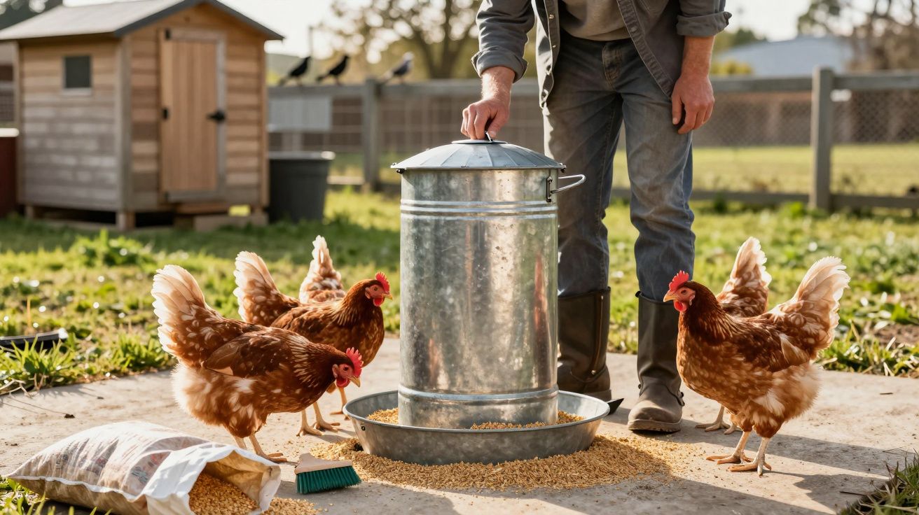 Homem a alimentar galinhas junto a comedouro metálico numa área exterior de uma quinta.