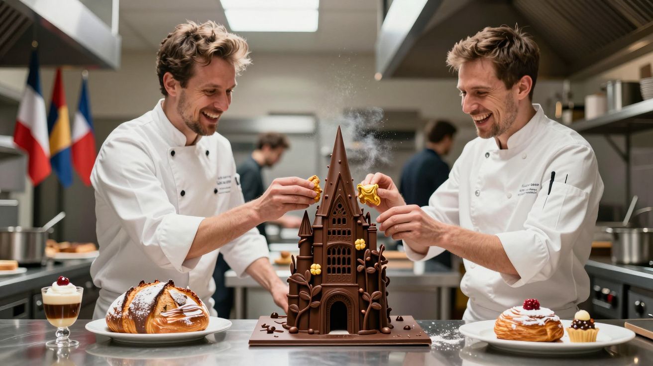 Dois chefs decoram um castelo detalhado feito de chocolate numa cozinha profissional.