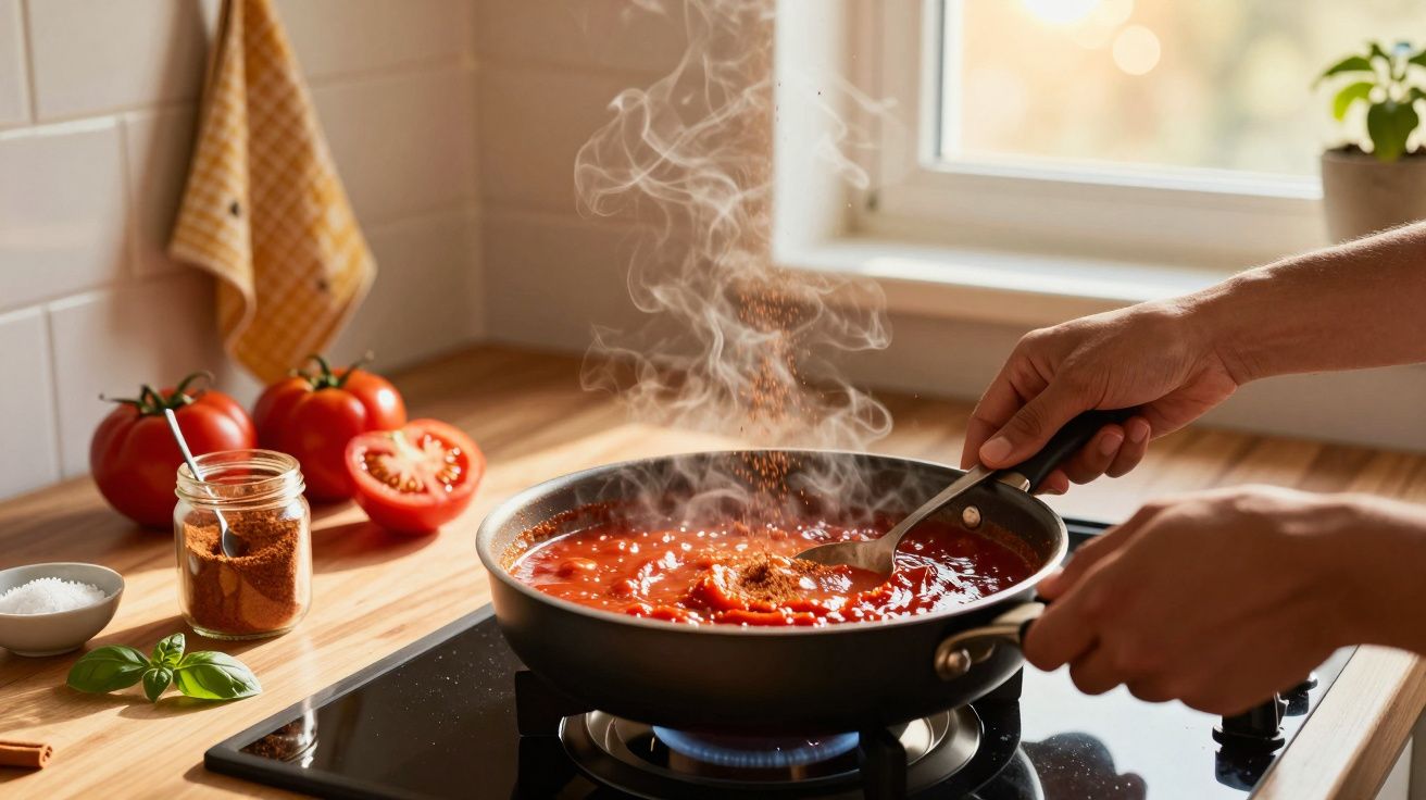 Mãos a temperar molho de tomate fumegante numa frigideira sobre o fogão, com tomate e manjericão na bancada.
