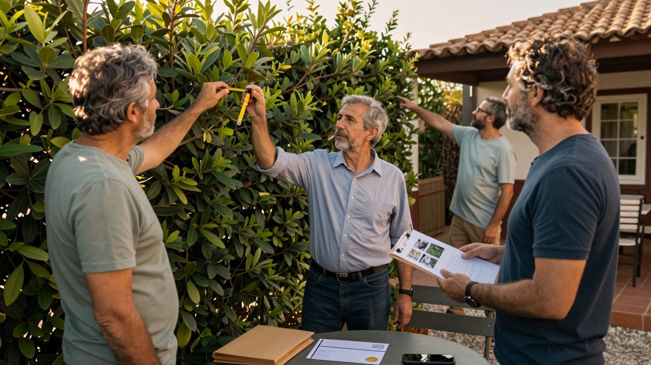 Quatro homens medem e examinam plantas numa reunião de jardinagem num jardim junto a uma casa.