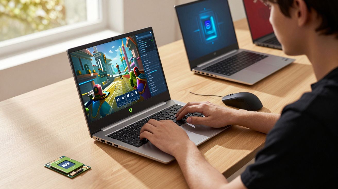 Pessoa a jogar videojogo colorido num portátil com outro portátil e uma peça eletrónica sobre a mesa de madeira.