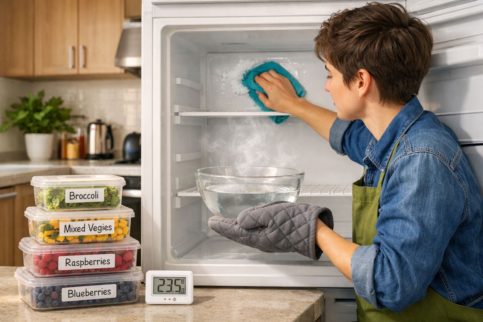 Pessoa limpa o interior de um congelador com pano, usando uma luva térmica, cozinha organizada ao fundo.