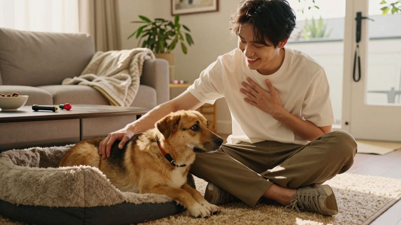Jovem sentado no chão a acariciar cão deitado numa cama de cão numa sala iluminada e acolhedora.