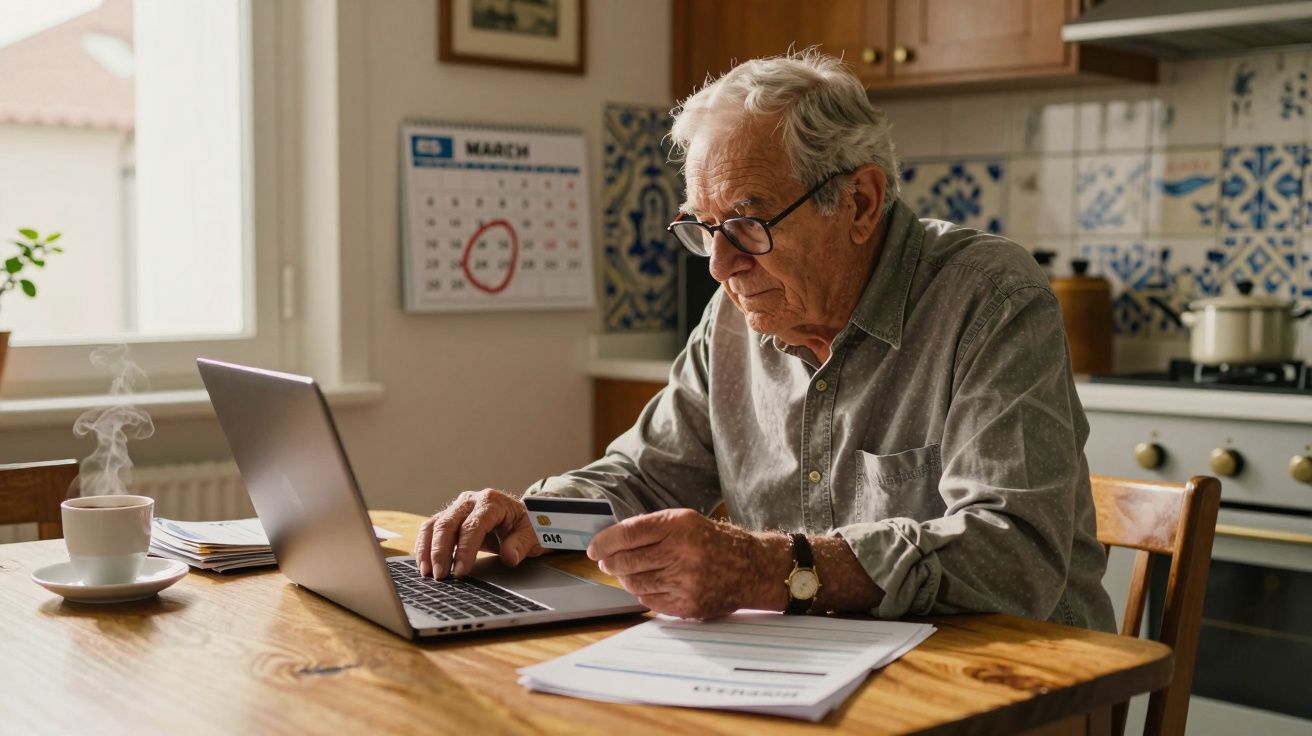 Idoso sentado à mesa a usar computador portátil e cartão de crédito, com documentos e café à frente.