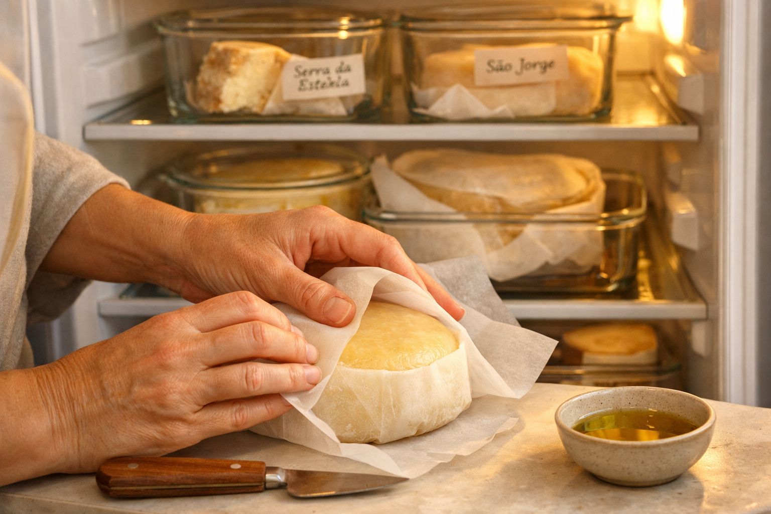Mãos a embrulhar queijo redondo em papel dentro de um frigorífico com várias caixas de queijo etiquetadas.