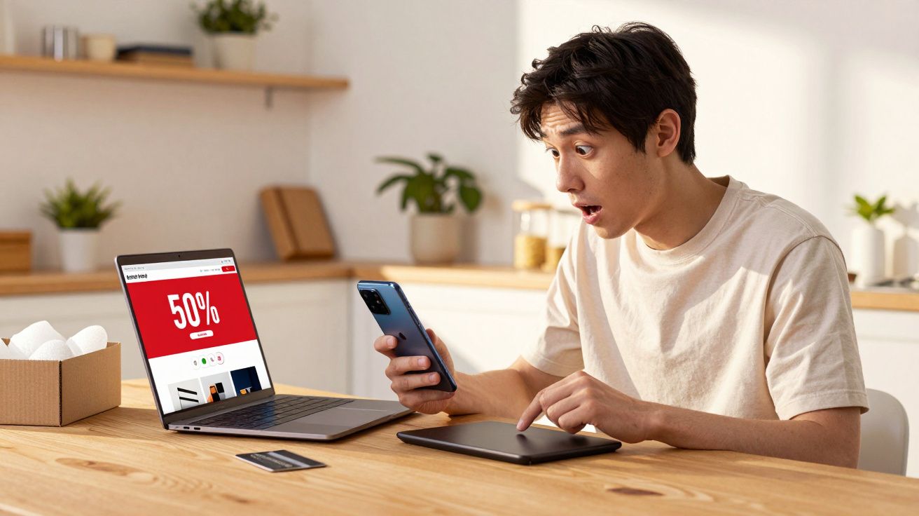 Homem surpreendido com telemóvel na mão a fazer compras online com desconto de 50% no portátil.