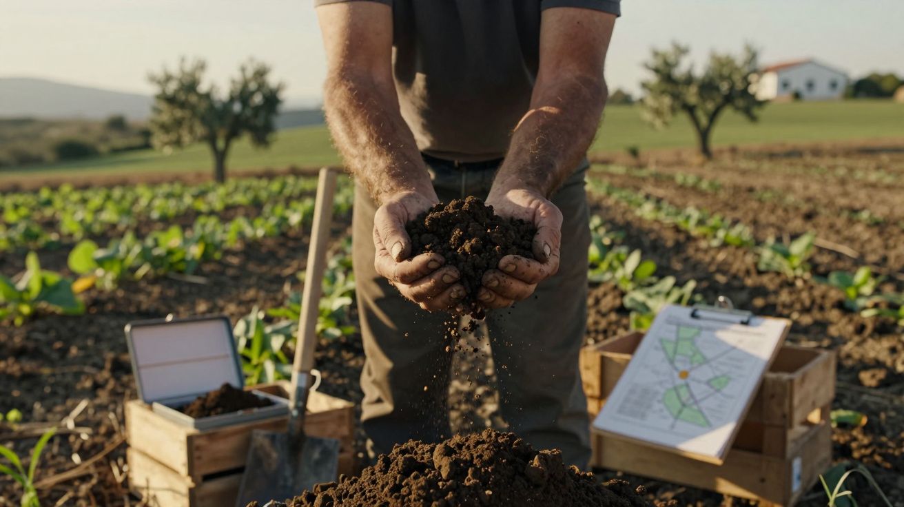 Pessoa segurando terra fresca numa horta com plantas, ferramentas e um quadro de anotações ao fundo.
