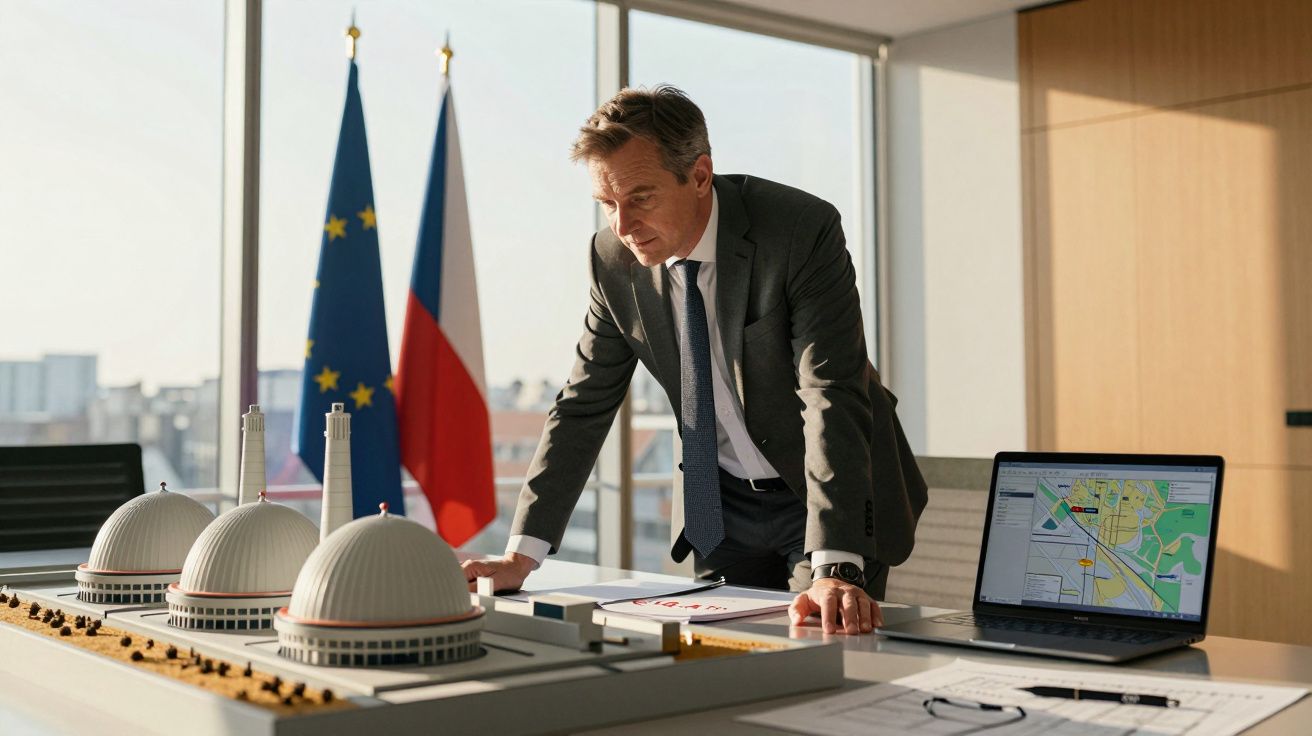 Homem de negócios observa maquete arquitetónica com bandeiras da União Europeia e República Checa ao fundo.