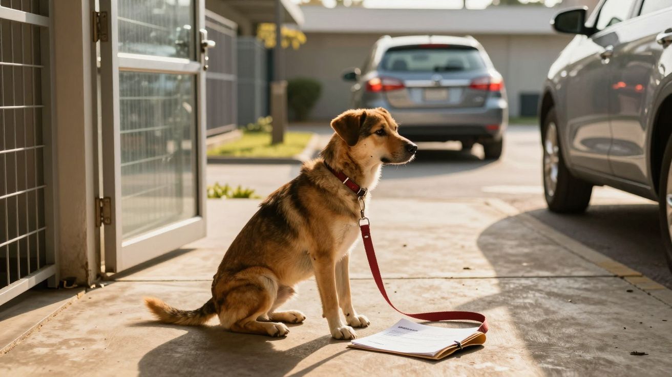 Cão castanho de coleira vermelha sentado ao sol junto a uma porta aberta e carros estacionados.