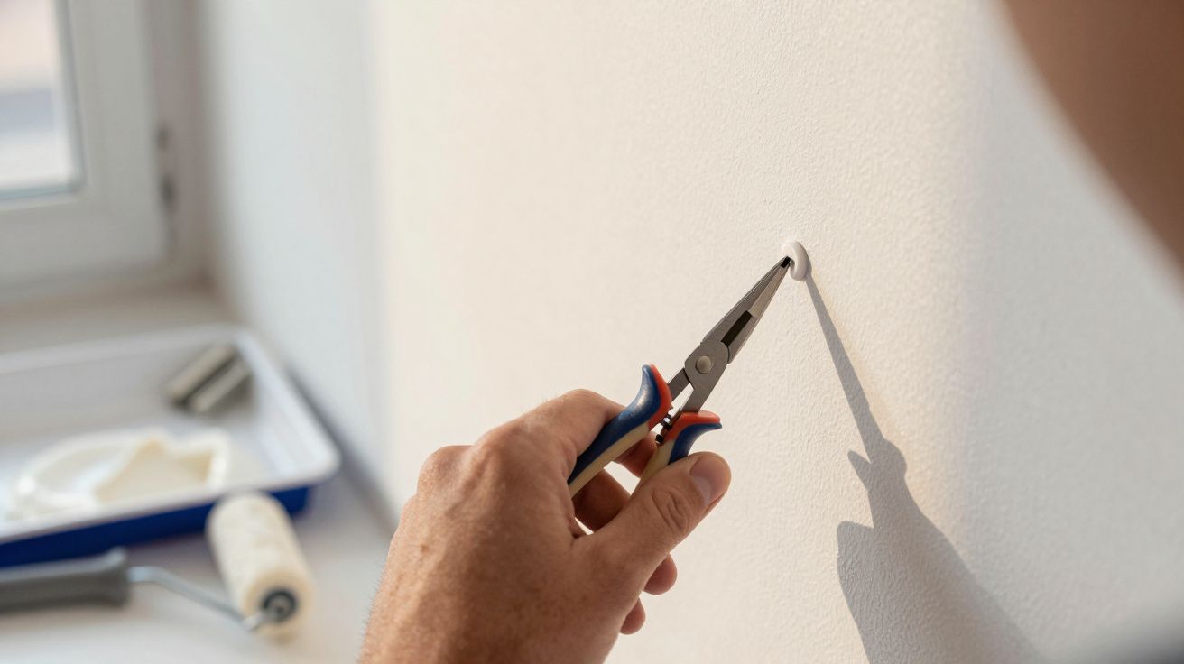 Mão a usar um alicate para fixar um parafuso numa parede branca interior.