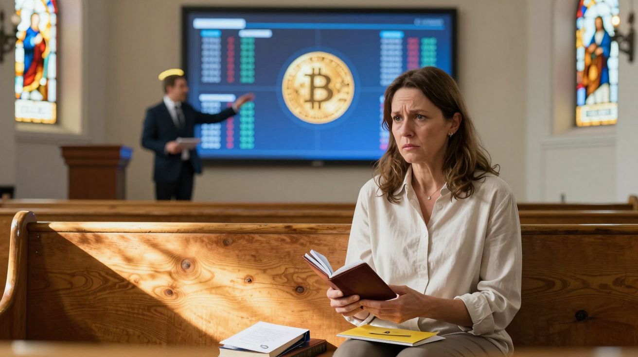 Mulher preocupada sentada em banco de igreja com Bíblia, homem a apresentar gráfico de Bitcoin no fundo.