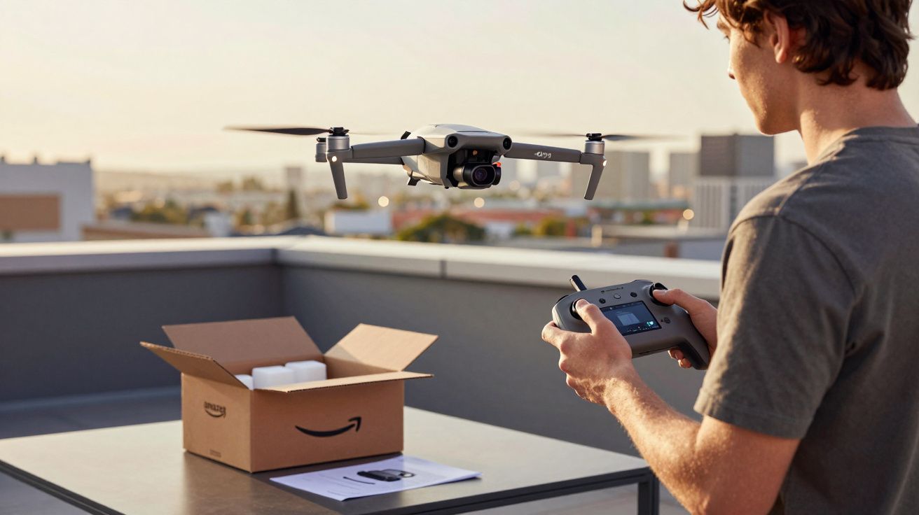 Homem controla drone cinzento com comando remoto, drone voa próximo a uma caixa de cartão numa mesa exterior.