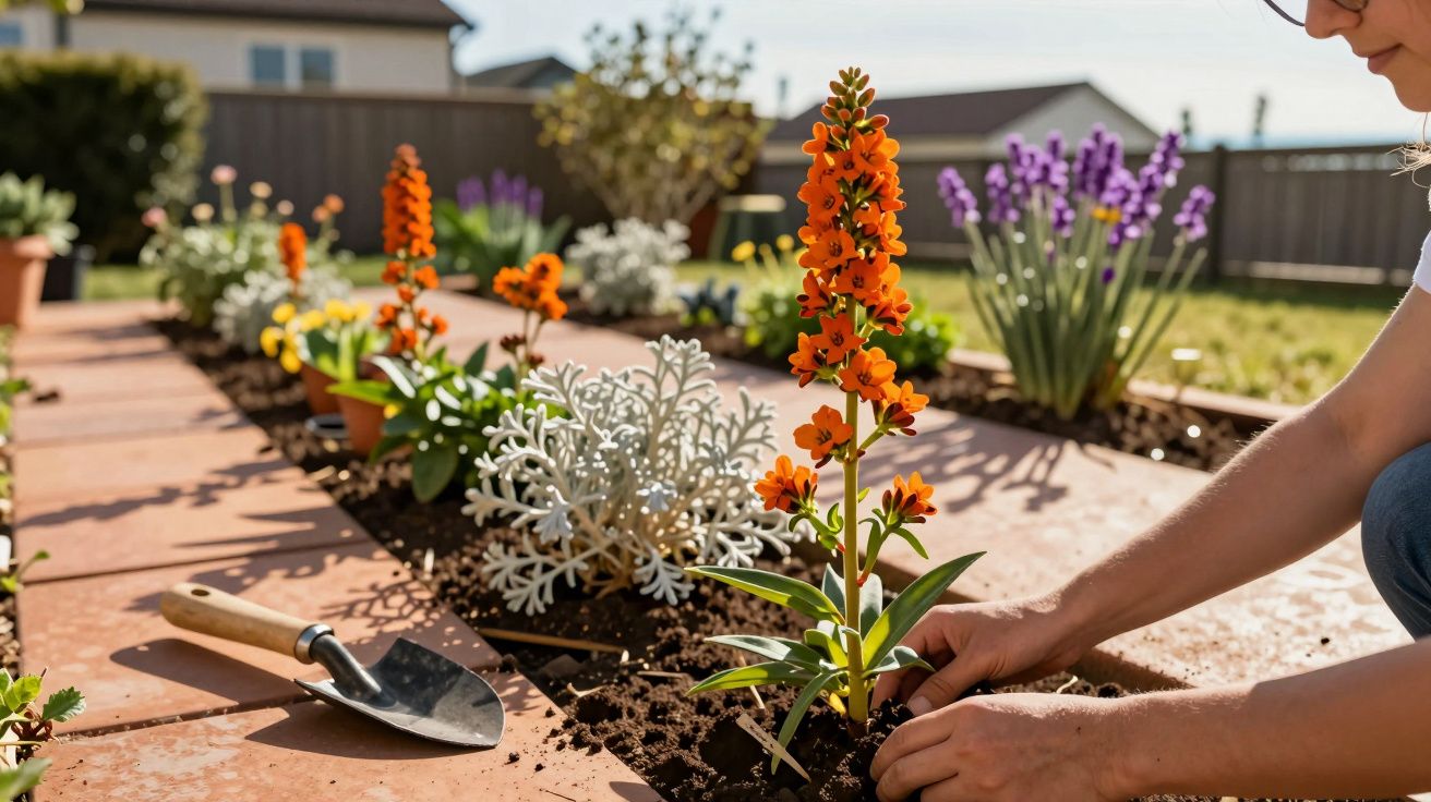 Pessoa a plantar flores laranja num jardim com outras flores coloridas e uma pequena pá ao lado.