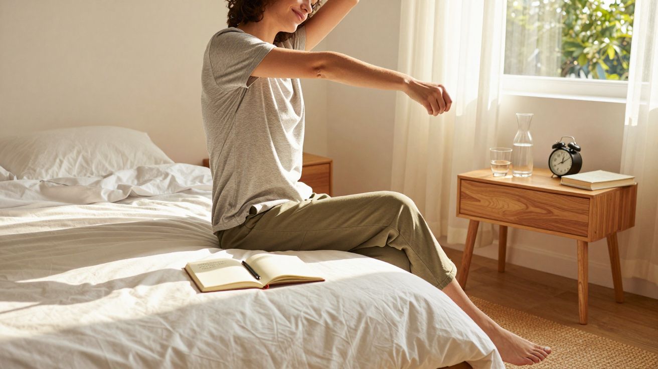 Pessoa sentada na cama a espreguiçar-se numa manhã luminosa junto à janela, com livro aberto ao lado.
