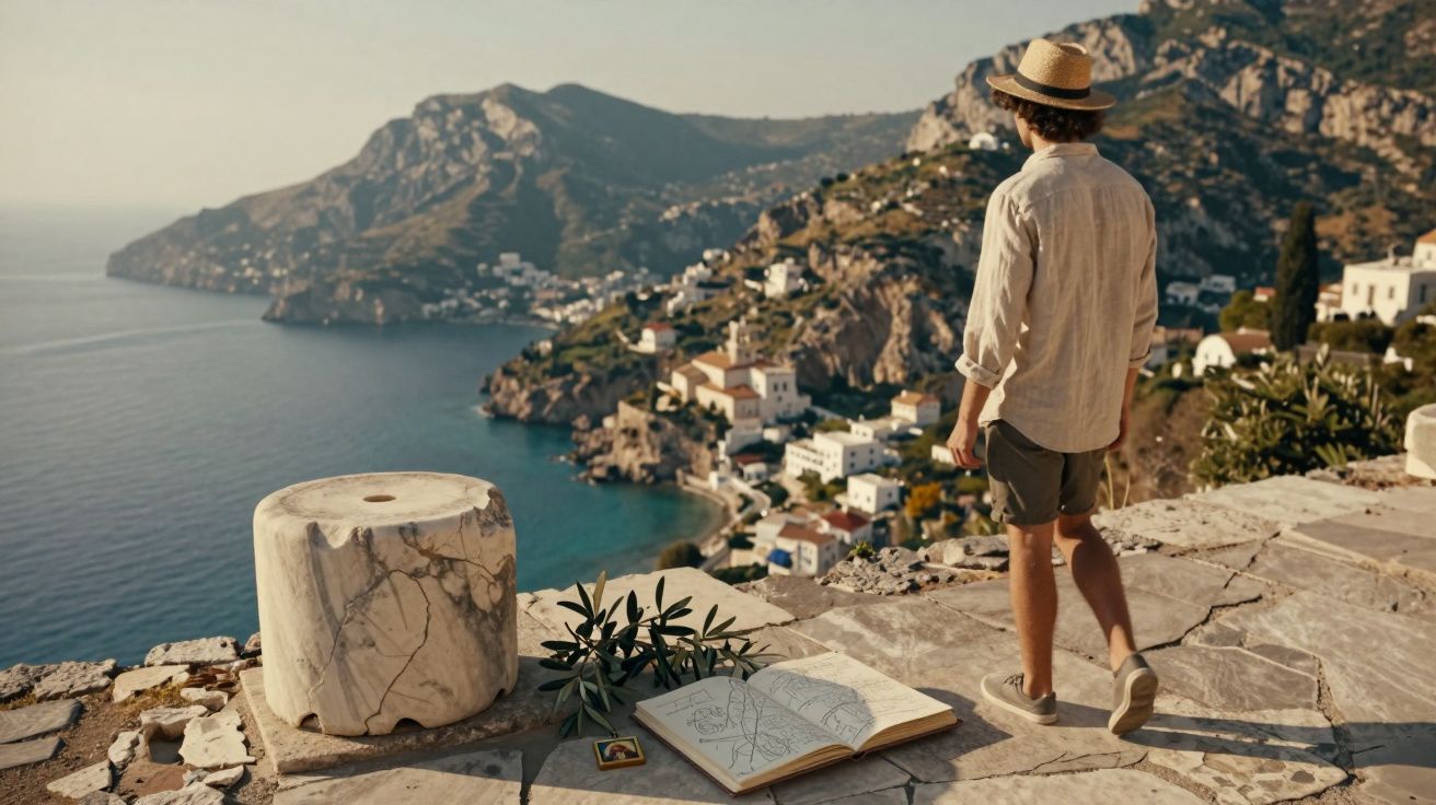 Homem de chapéu observa vila costeira entre montanhas com caderno de desenhos aberto no chão.