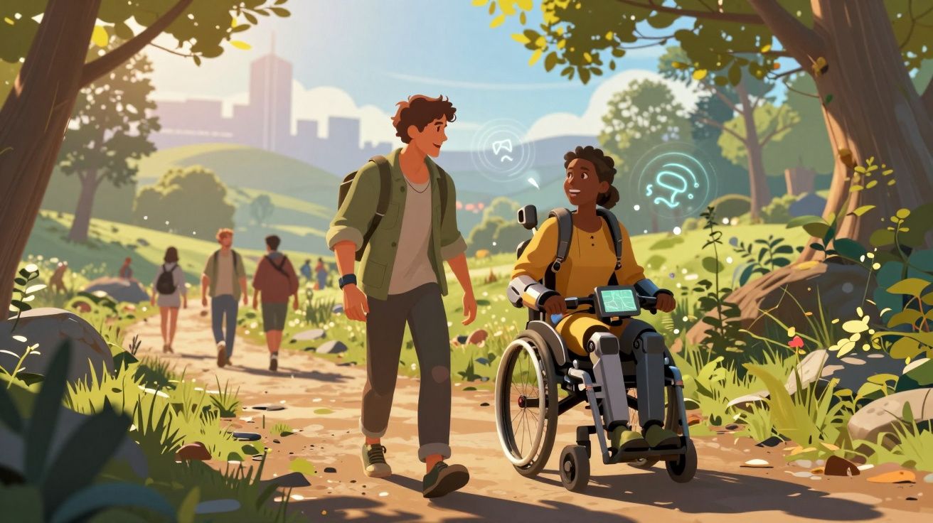 Jovens a conversar e a caminhar num parque, um em cadeira de rodas com tecnologia assistiva.