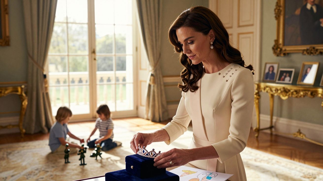 Mulher elegantemente vestida segurando uma coroa em sala luxuosa com duas crianças a brincar ao fundo.