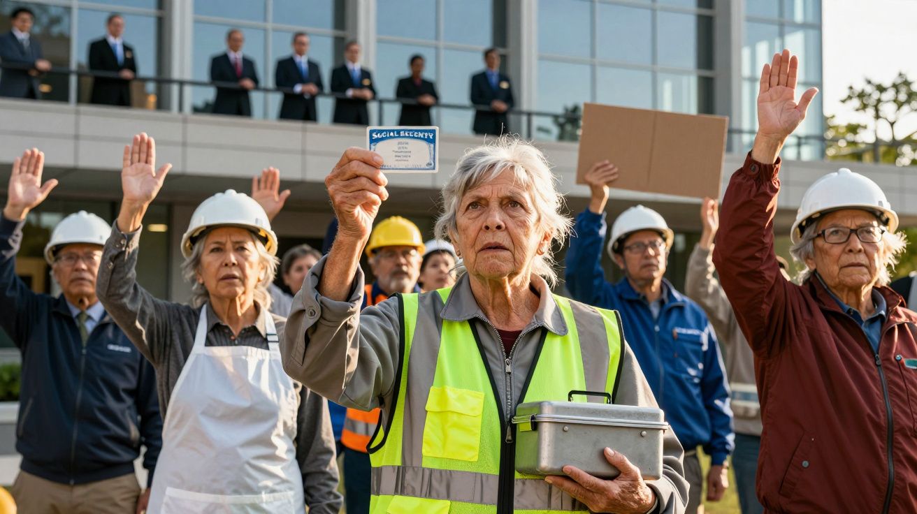 Grupo de seniores trabalhadores em protesto, alguns com capacetes e coletes refletores, a levantar a mão e mostrar documentos