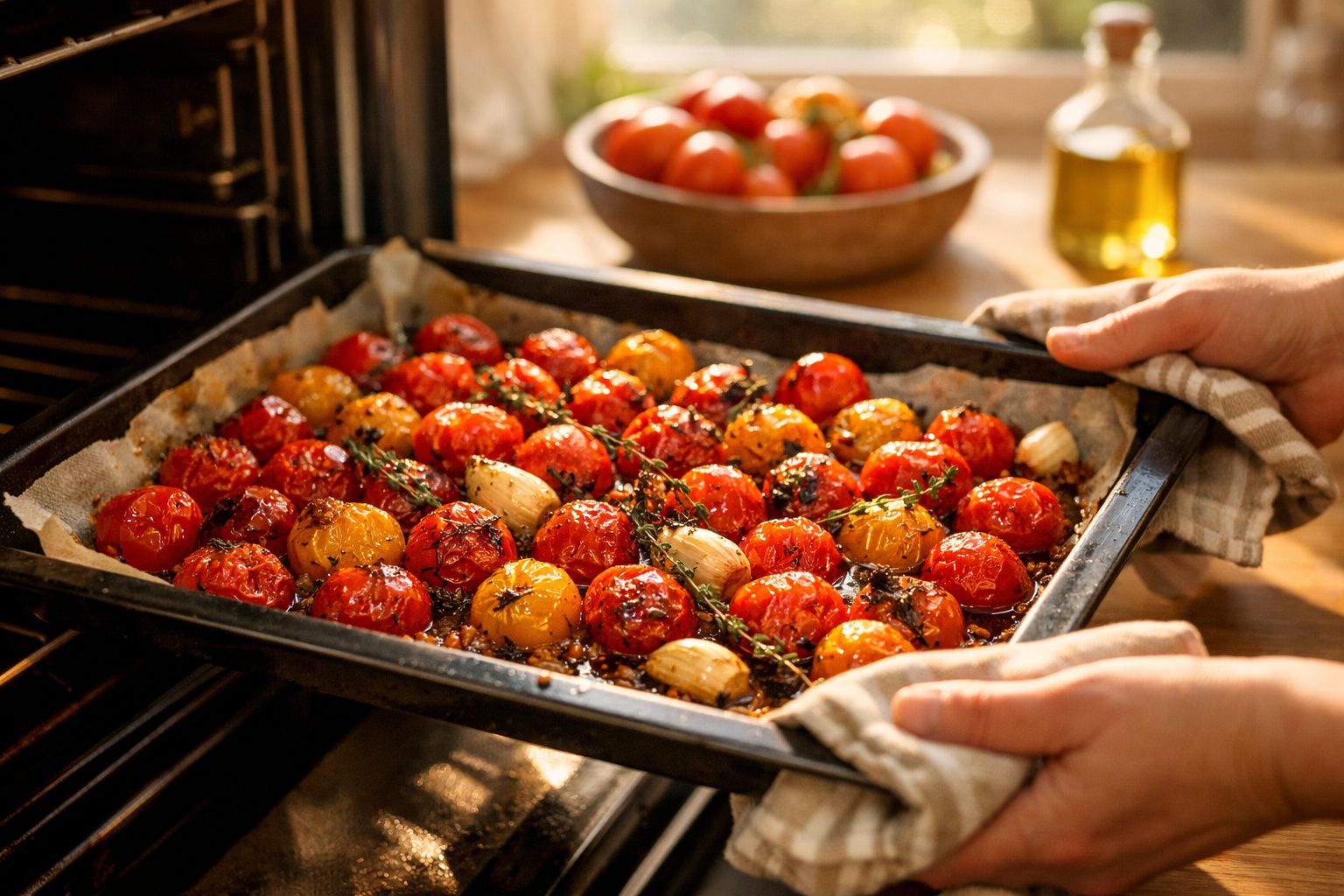 Tabuleiro com tomates assados, alhos e ervas frescas retirado do forno, com mãos a segurá-lo.
