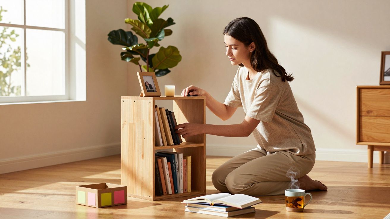 Mulher a organizar livros numa estante pequena de madeira na sala iluminada por luz natural.