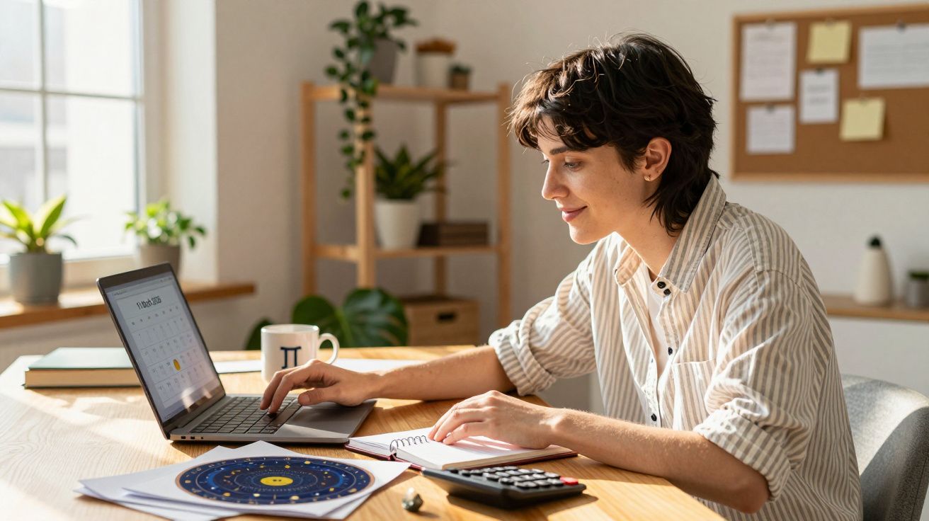 Pessoa a trabalhar num portátil com calendário aberto, rodeada de objetos de escritório e decoração verde.