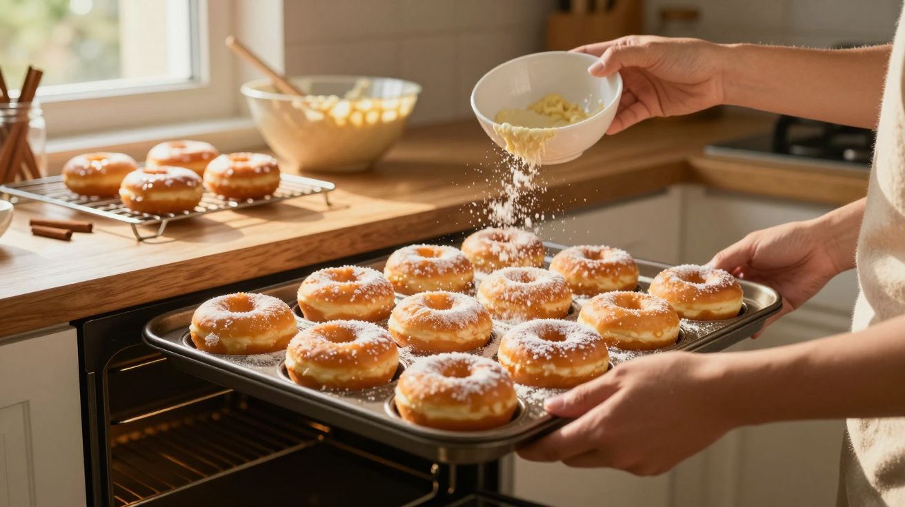 Pessoa polvilha açúcar em donuts recém-assados num tabuleiro na cozinha iluminada pela luz natural.