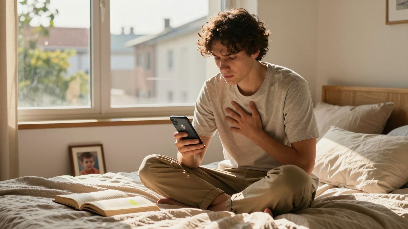 Jovem sentado na cama com expressão preocupada, segurando o peito e olhando para o telemóvel.