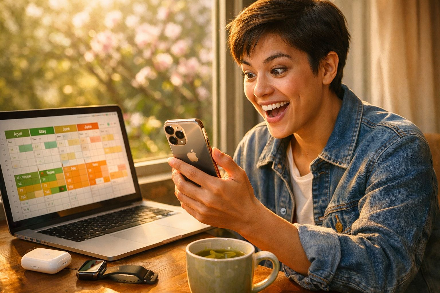 Pessoa sorridente a olhar para o telemóvel, com portátil aberto em calendário ao fundo, numa mesa com chá.