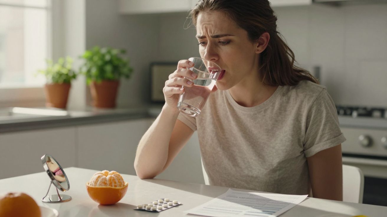 Mulher com expressão desconfortável a beber água, sentada à mesa com medicamentos e fruta descascada.