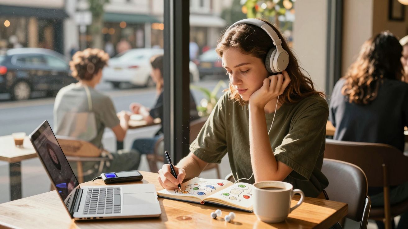 Jovem com auscultadores a desenhar num caderno, com computador e chávena num café iluminado pelo sol.
