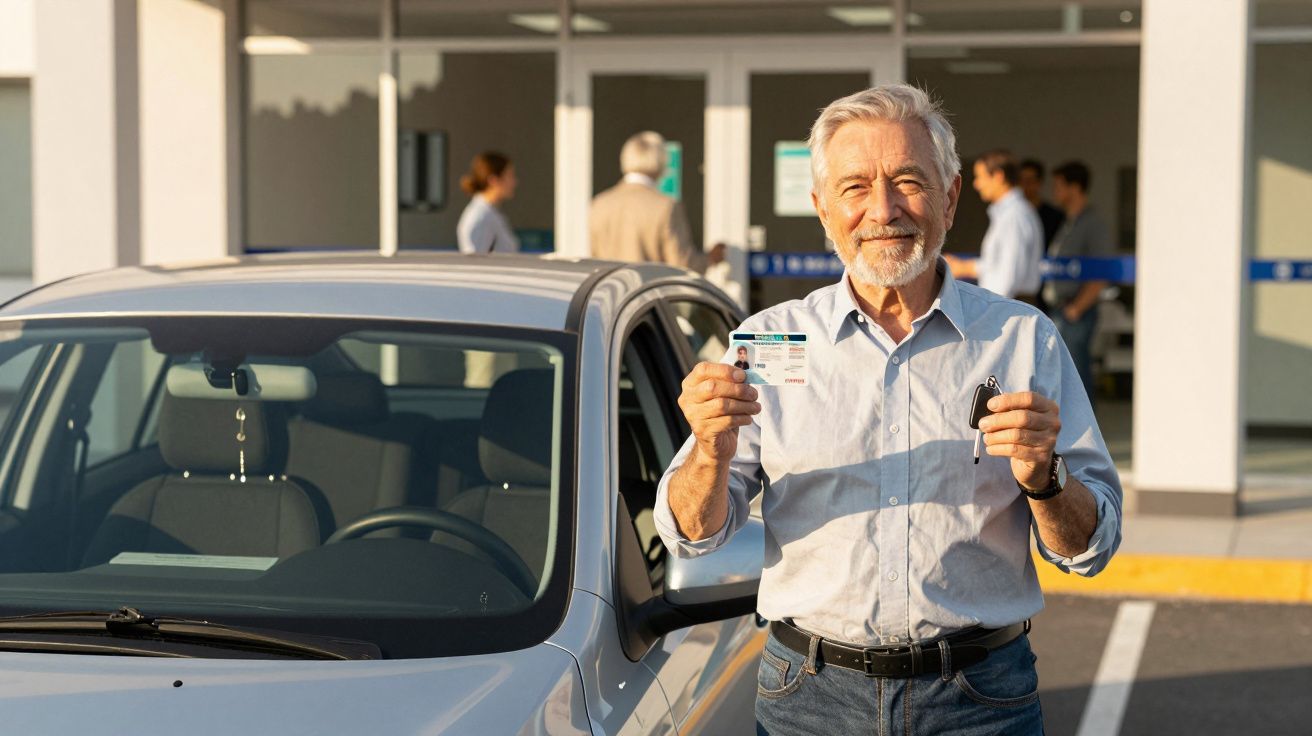 Homem sénior sorridente mostra carta de condução e chave junto a carro estacionado à entrada de edifício.
