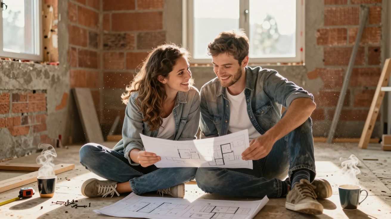 Casal sentado no chão de uma casa em construção, a olhar plantas e a sorrir, rodeados de ferramentas.