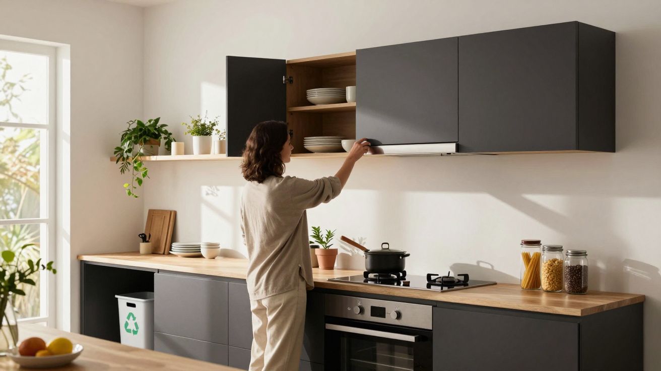 Mulher a abrir armário de cozinha moderno com armários cinzentos e bancada em madeira clara.