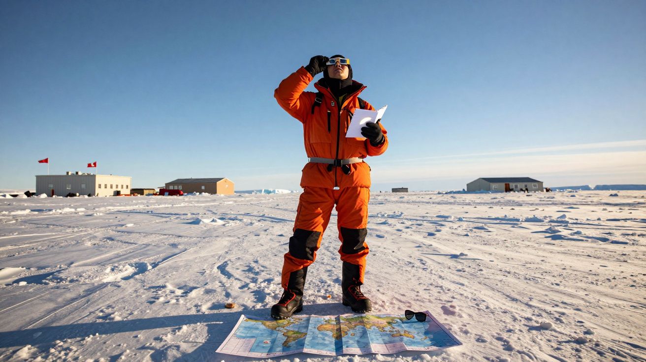 Pessoa com roupa de inverno laranja observa o céu segurando papel, com mapa aberto no chão gelado na Antártida.