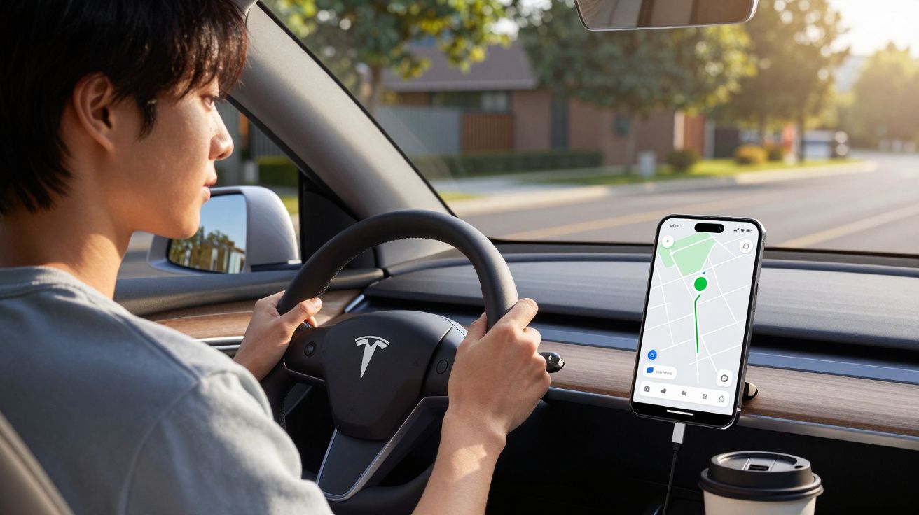 Pessoa a conduzir um Tesla com aplicação de navegação aberta num smartphone montado no tablier do carro.