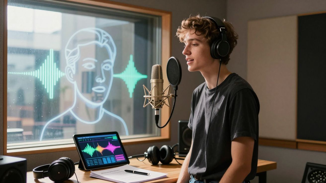 Jovem a gravar áudio em estúdio com microfone, auscultadores e software de edição de som no computador.