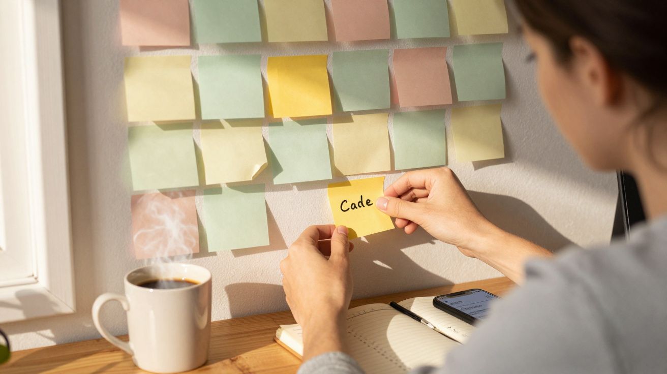 Pessoa a colar nota amarela com a palavra "Cade" numa parede com várias notas coloridas.