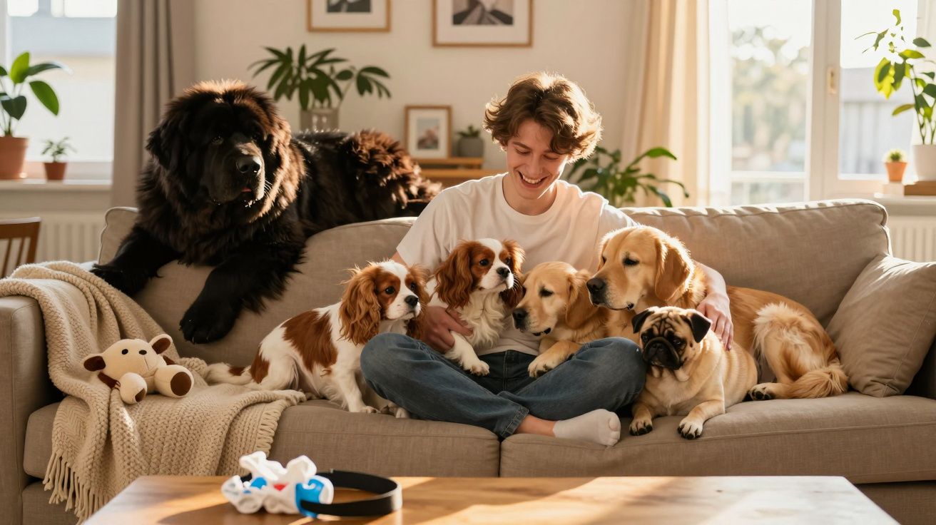 Jovem sentado no sofá rodeado por cinco cães de várias raças num ambiente doméstico iluminado.