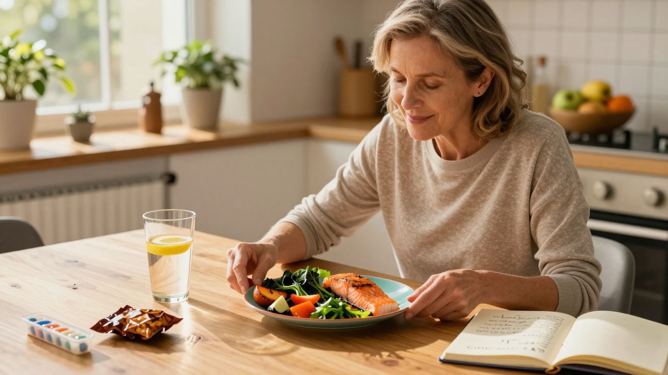 Mulher sentada à mesa a comer salmão grelhado com legumes e a beber água com limão na cozinha.