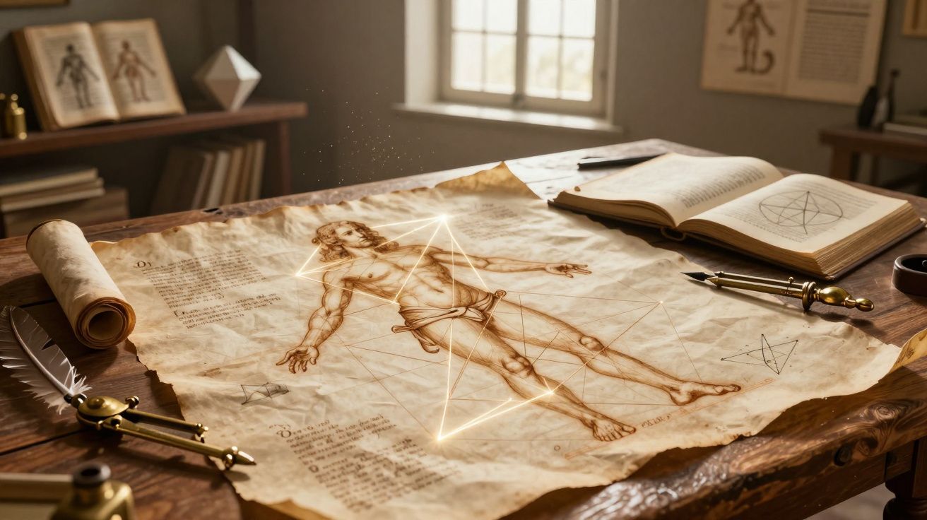 Mesa de madeira com pergaminho antigo mostrando desenho anatómico humano e livro aberto com símbolos geométricos.