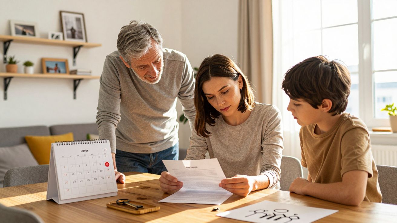 Família reunida à mesa a analisar um documento, com calendário e chave sobre a mesa iluminada pelo sol.