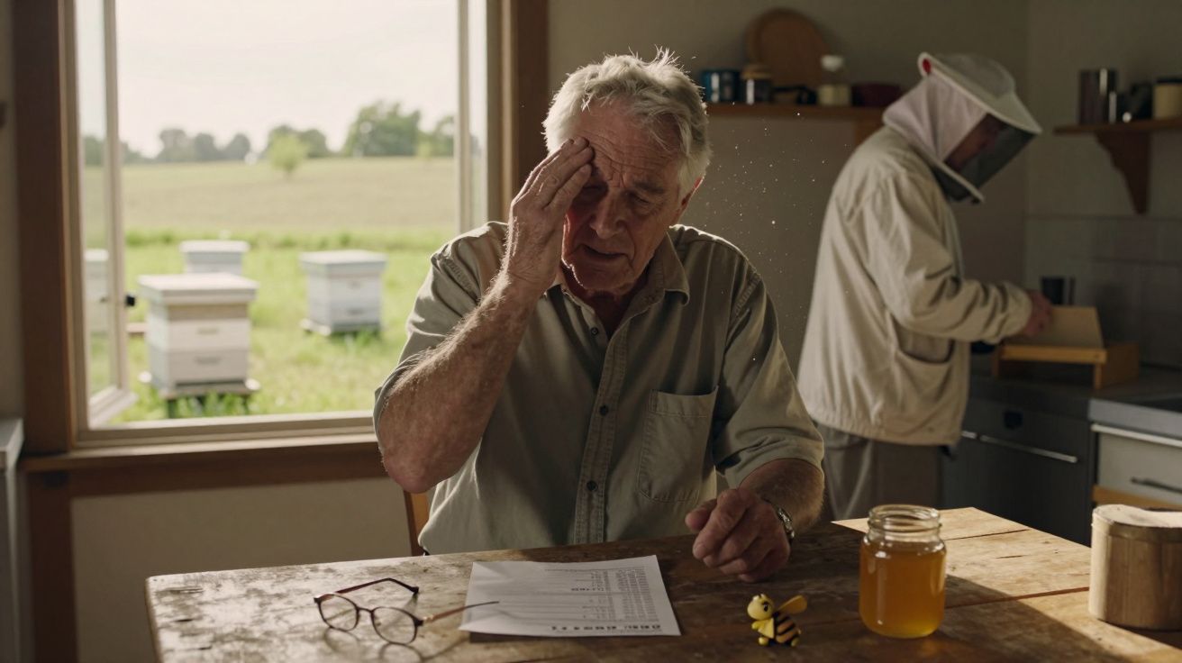 Homem idoso a coçar a cabeça sentado à mesa com jarro de mel, óculos e papéis, enquanto apicultor trabalha ao fundo.
